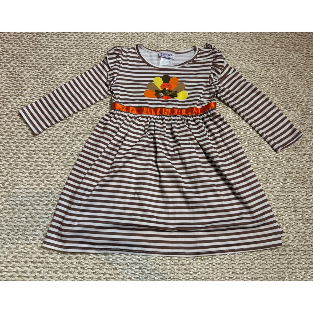 Blueberi Boulevard Girls 4T Thanksgiving Turkey Stripe Long Sleeve Dress Brown